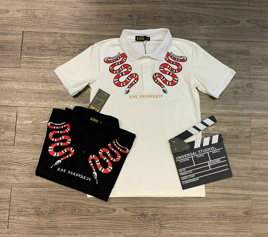 (Có video+hình thật) Áo thun nam ngắn tay có cổ thêu rắn hồng nổi phong cách lạ cool ngầu