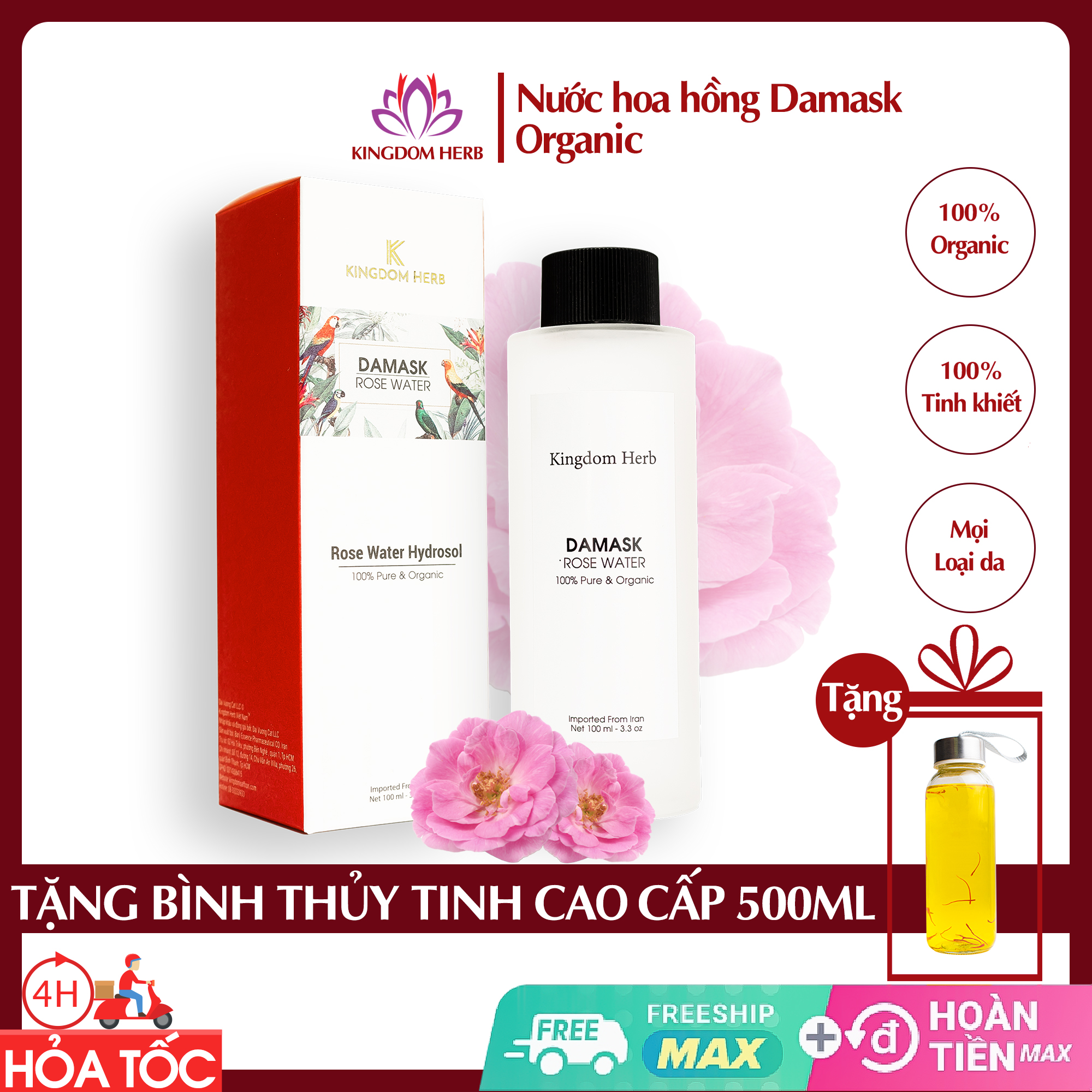 Nước hoa hồng Kingdom Damask Iran hộp 100ml, se khít lỗ chân lông, không cồn, giảm mụn, toner dưỡng da, chống lão hóa