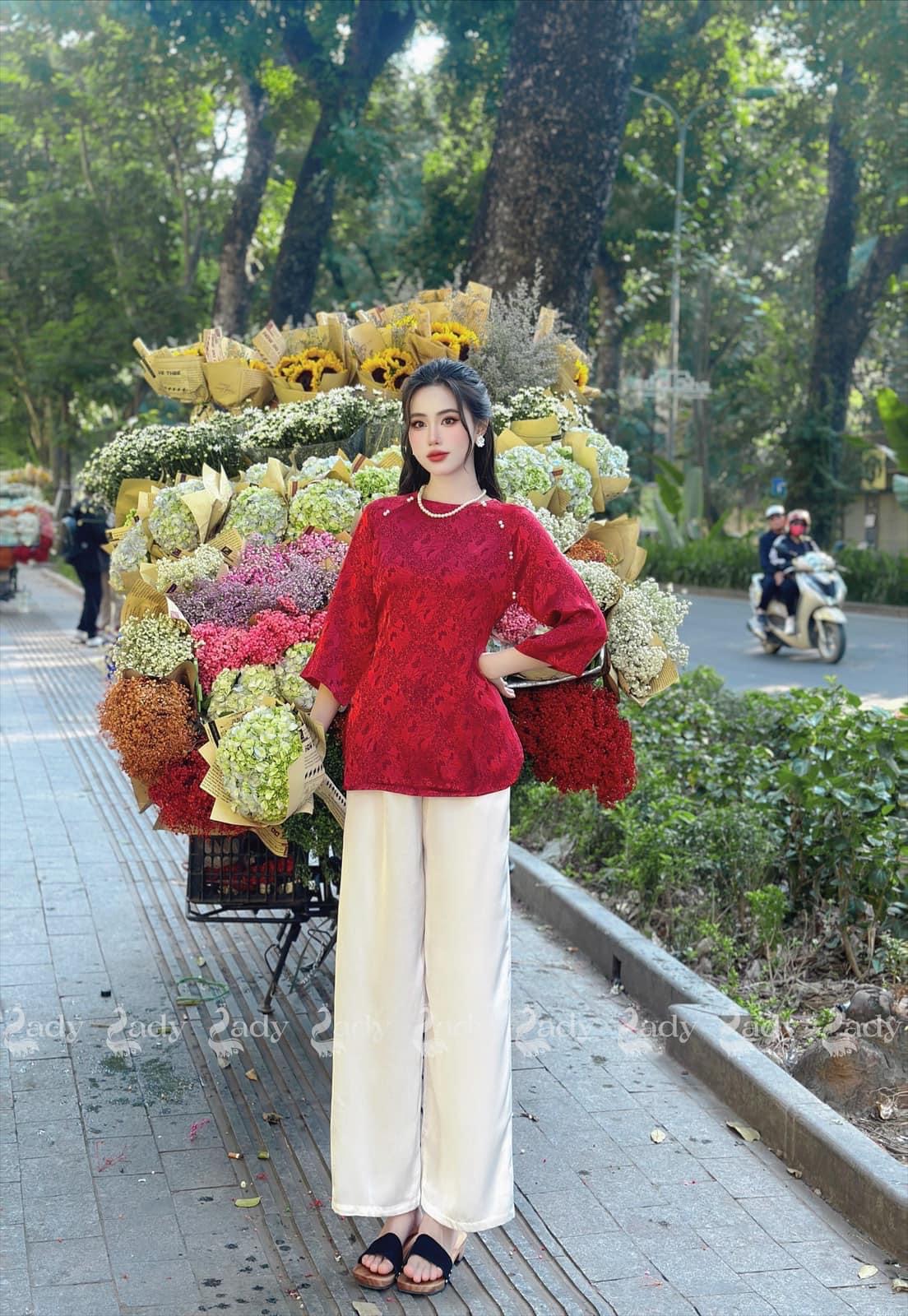 Bộ bà ba gấm đi lễ chùa tay dài đính bẹt