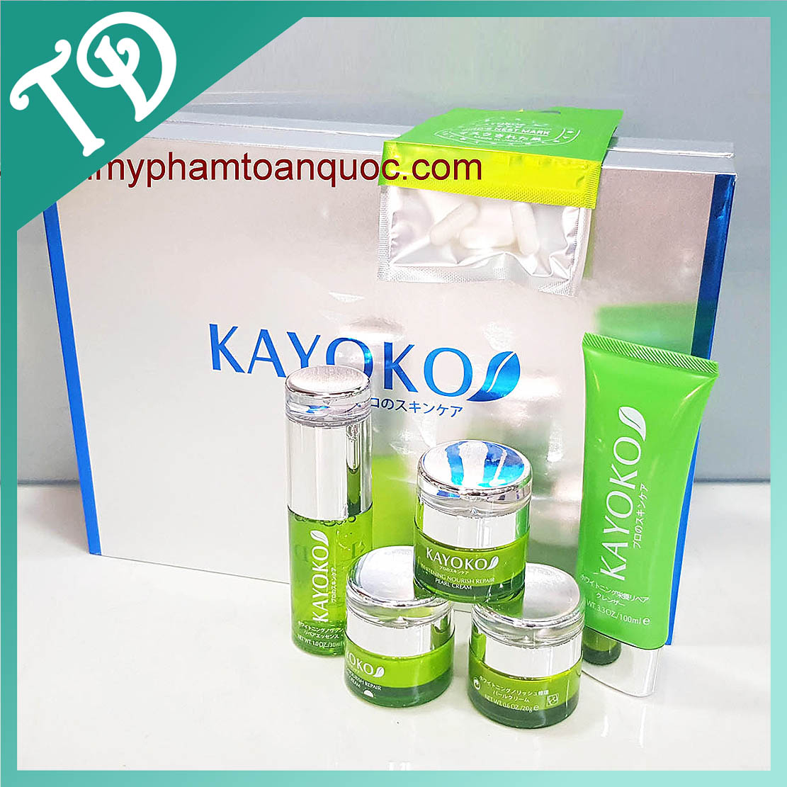 Bộ mỹ phẩm Kayoko xanh 5in1, chuyên làm mờ nám, tàn nhang và dưỡng trắng da, kem nám Nhật Bản, mỹ phẩm Kayoko.