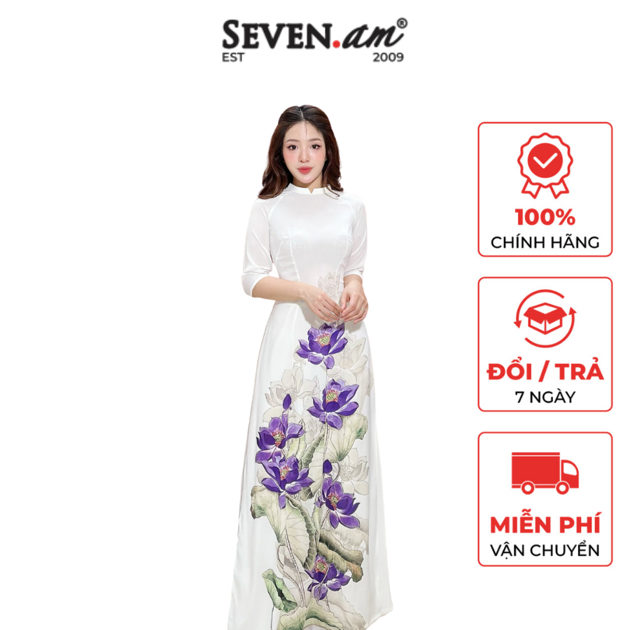 Áo dài tay lỡ trắng hoa sen tím cổ 2 phân Seven.AM FAD1010X