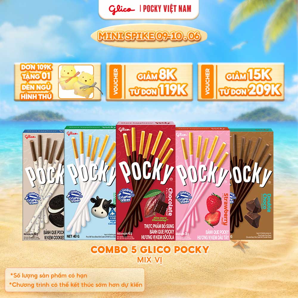 Combo 5 Hộp Mix Vị Bánh Que Phủ Kem Glico Pocky (00460 - 1 Socola_1 Dâu_1 Cookies  Cream_1 Sữa_1 Double Choco)