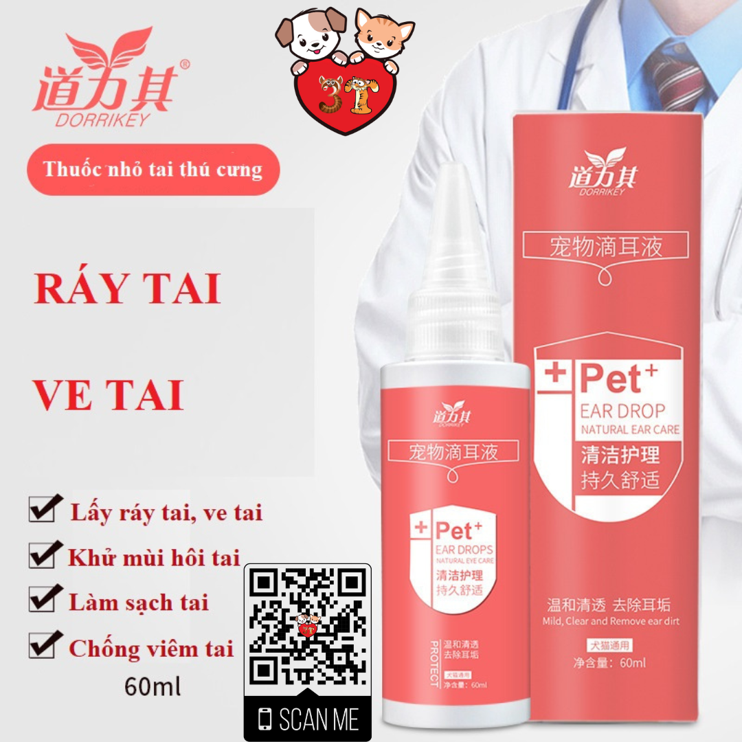 Dung dịch rửa tai 60ml cho thú cưng, chống viêm tai, làm sạch ráy tai ve tai