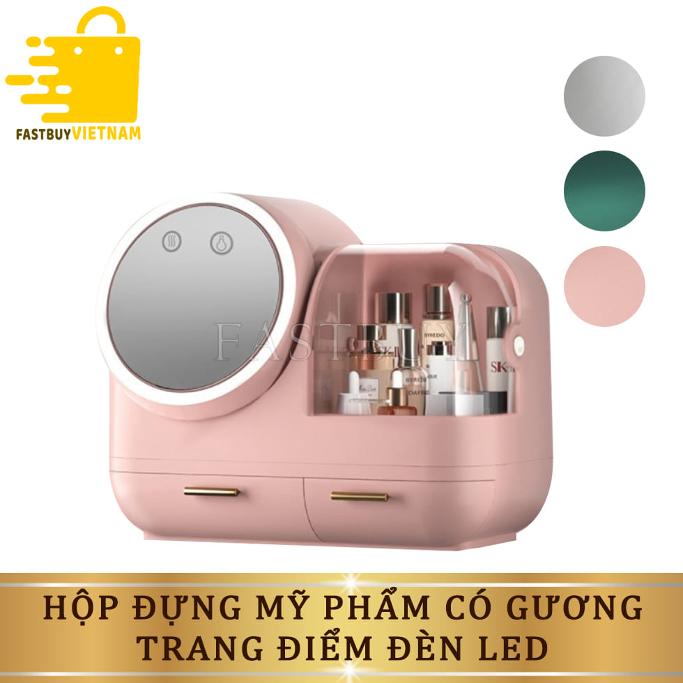 Kệ đựng đồ trang điểm chống bụi , Hộp đựng mỹ phẩm nhập khẩu kèm gương, đèn LED, quạt - Hàng cao cấp