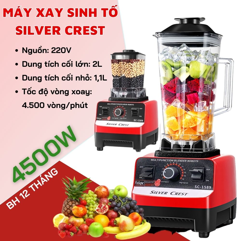 Máy Xay Sinh Tố Công Nghiệp Silver Crest Dung Tích 2L Công Suất Lớn 4500W - Máy Xay Sinh Tố Đa Chức Năng Dễ Dàng Làm Rau, Trái Cây, Sinh Tố Và Sữa