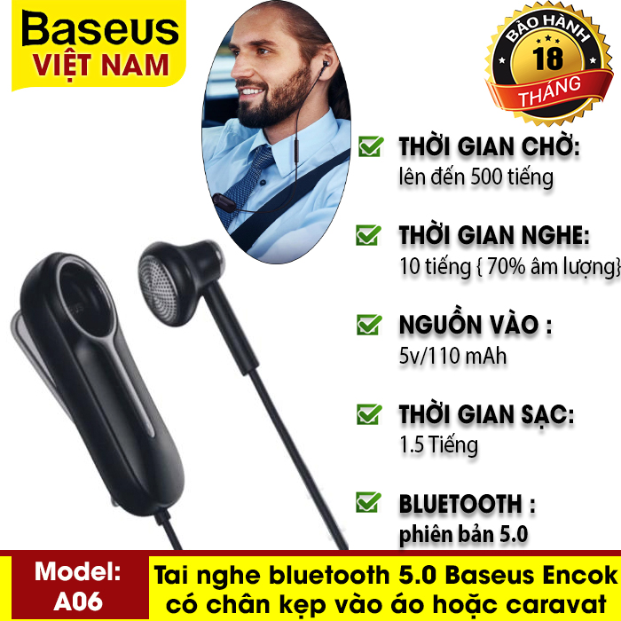Tai nghe nhét tai bluetooth 5.0 Baseus Encok A06 có chân kẹp vào áo hoặc caravat, có mic cho iPhone Xiaomi - Thương hiệu Baseus - Phân phối bởi Baseus Global