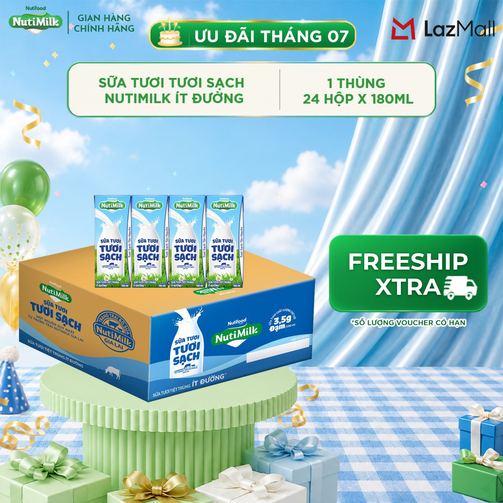Thùng 24 Hộp Sữa Tươi Tươi Sạch NutiMilk Ít Đường Hộp 180ml