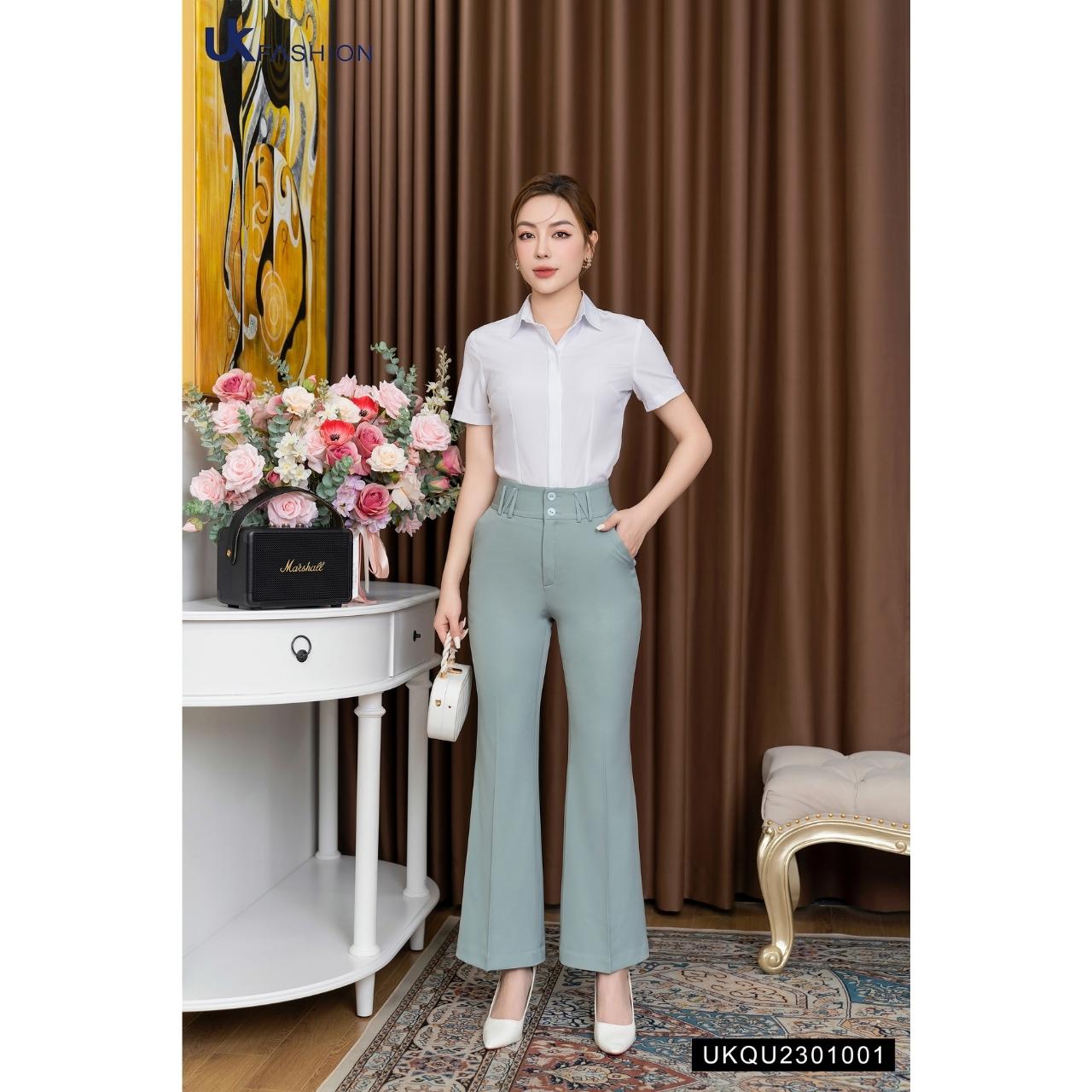 Quần Ống Loe Nữ NK FASHION UKQU2301001 Thiết Kế Cạp Cao 2 Cúc Chất Vải Nhập Hàn Dày Dặn Đứng Phom Phong Cách Thanh Lịch