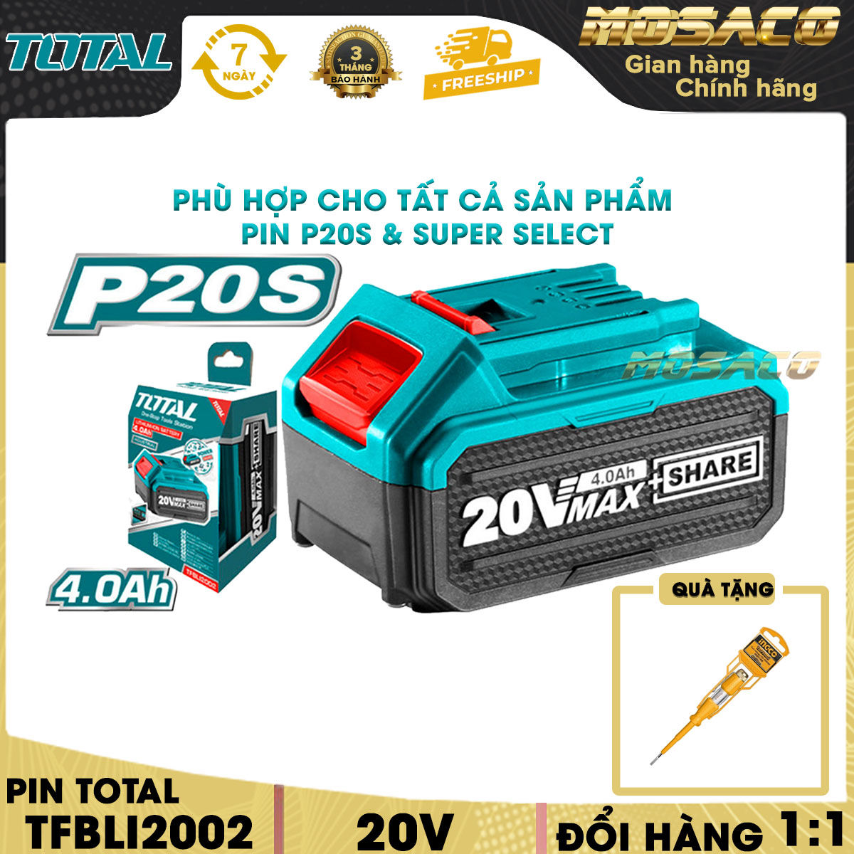 Pin lithium 20v/4.0ah total tfbli2002 pin lithium 20v dùng cho nhiều loại máy total dùng pin 20v, có đèn led báo pin tiện lợi dễ sử dụng tuổi thọ cao bảo hành 3 tháng và đóng gói cẩn thận- mosaco