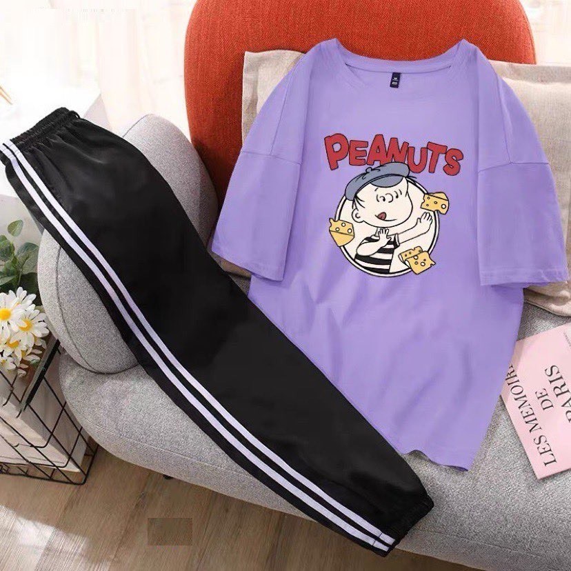 [HAN HAN SHOP 308] Sét Bộ Đồ Nữ Xinh Cute, Áo Thun Phông Trắng Cotton Organic Ngắn Tay Cổ Tròn Em Bé Bánh Peanuts+Quần Thun Sọc Bo Gấu