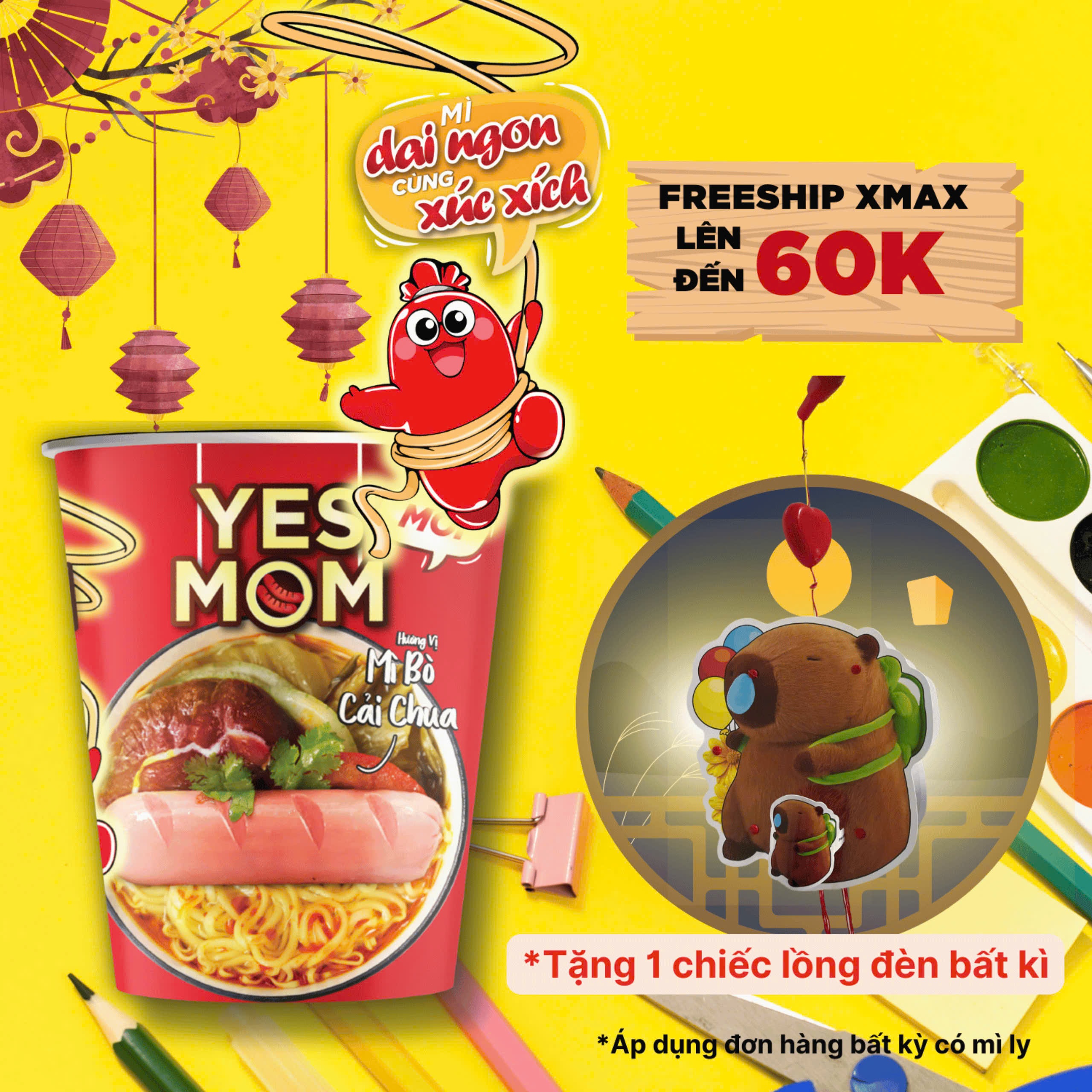 Thùng 24 ly mì bò cải chua yes mom có xúc xích 76g/ly
