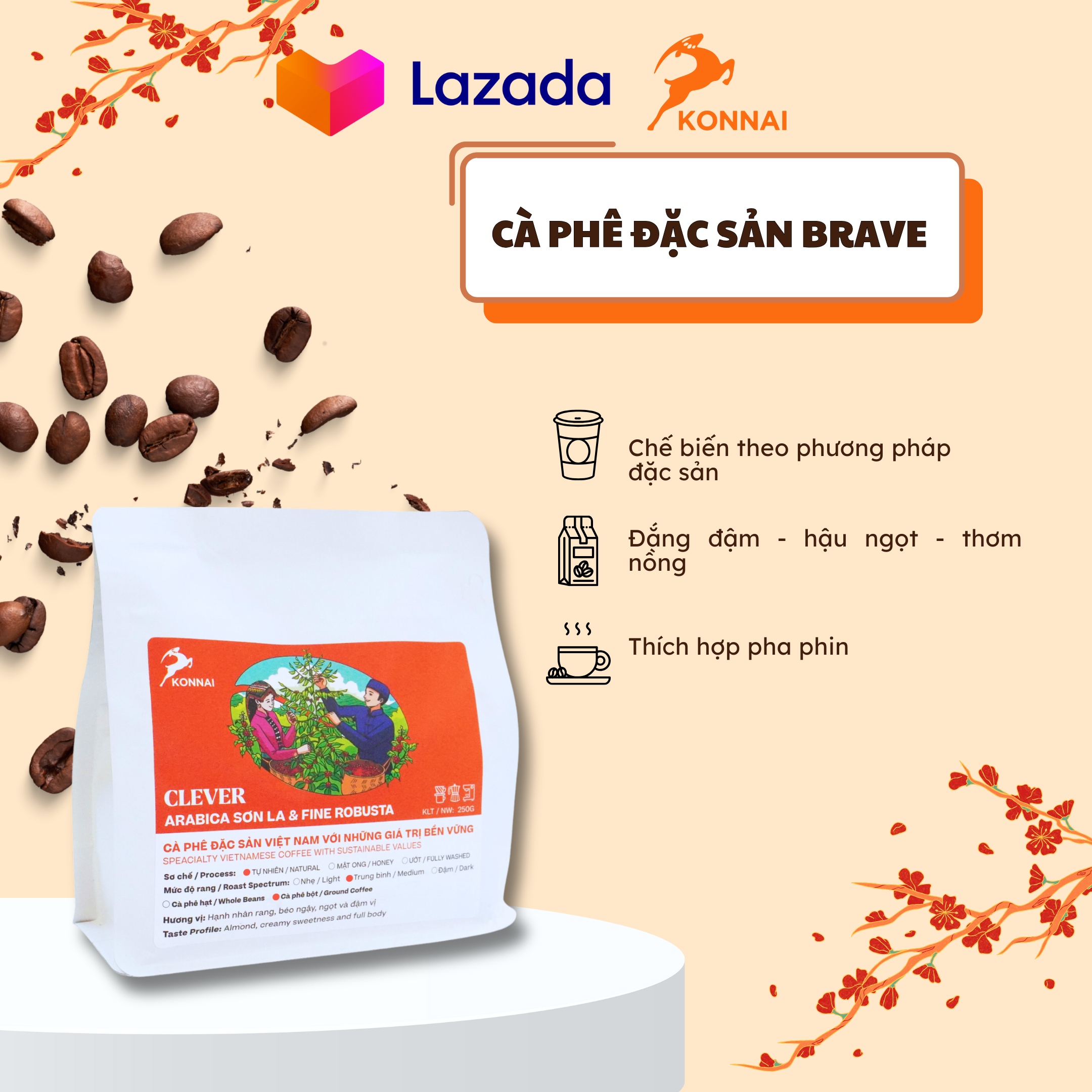 Cà phê đặc sản Robusta Tây Nguyên nguyên chất đậm đà hậu vị ngọt pha phin pha máy BRAVE Konnai Coffee