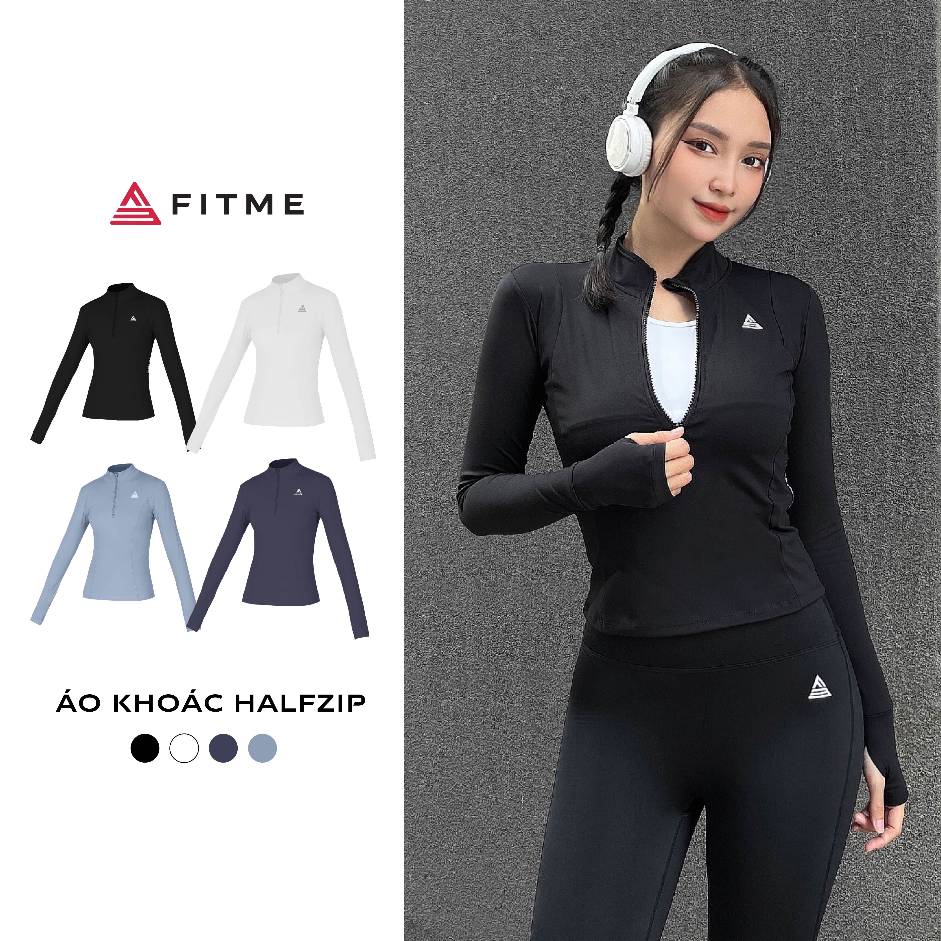 Áo tập gym yoga Fitme Cover23 halfzip dài tay vải 2 lớp ôm body AKHZC
