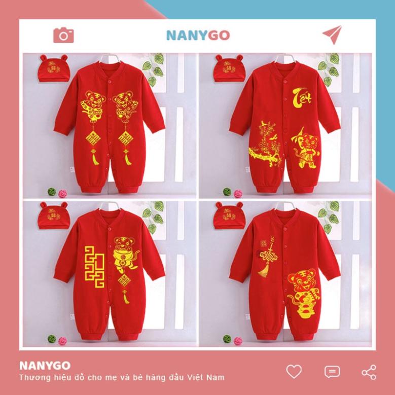 Body Tết Nỉ Bông Dài Tay Liền Thân Màu Đỏ Hổ Vàng Nhâm Dần Kèm Mũ Cho Bé Trai Bé Gái Sơ Sinh - [BDD24]