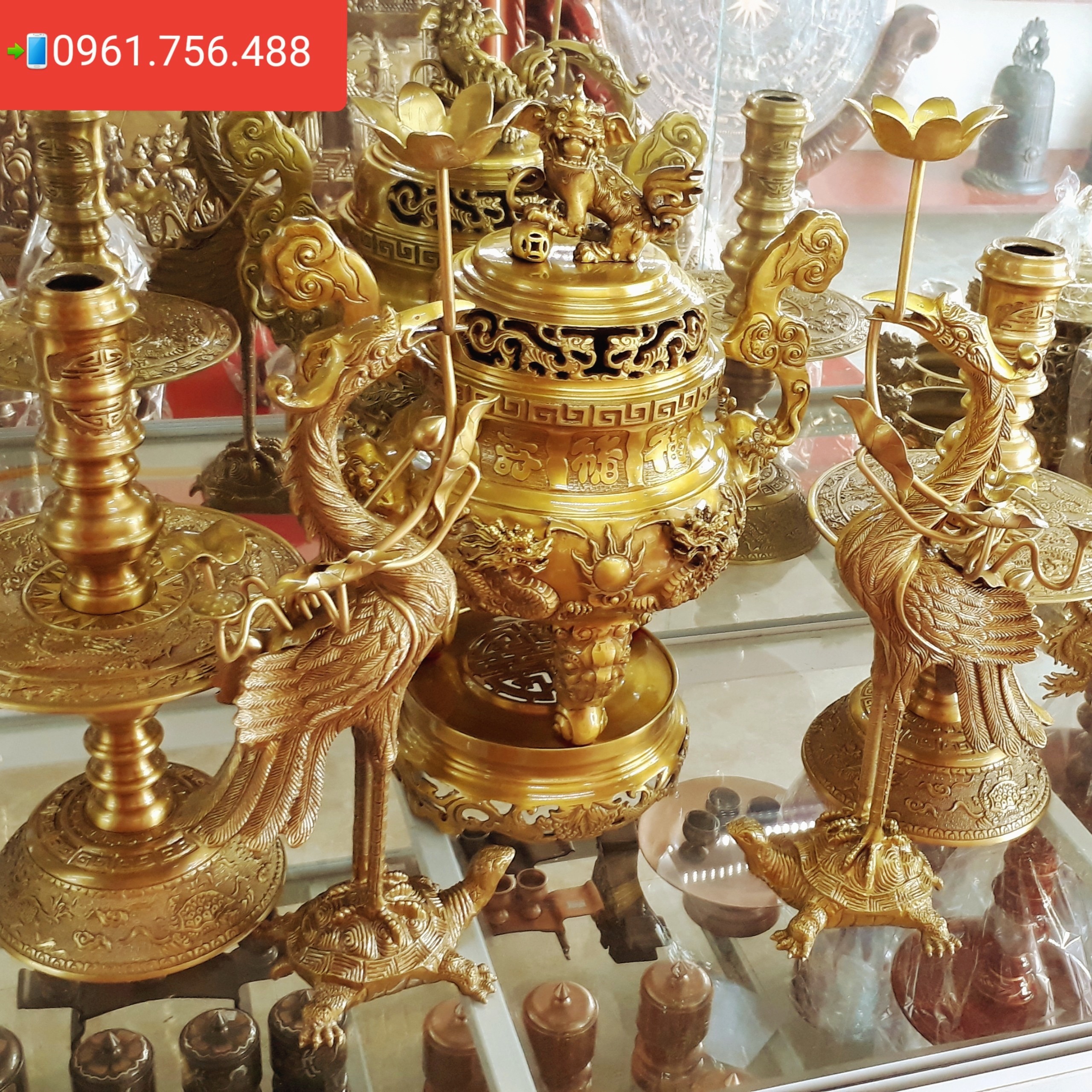 Bộ lư hương đỉnh đồng vàng Đúc thủ công 50cm