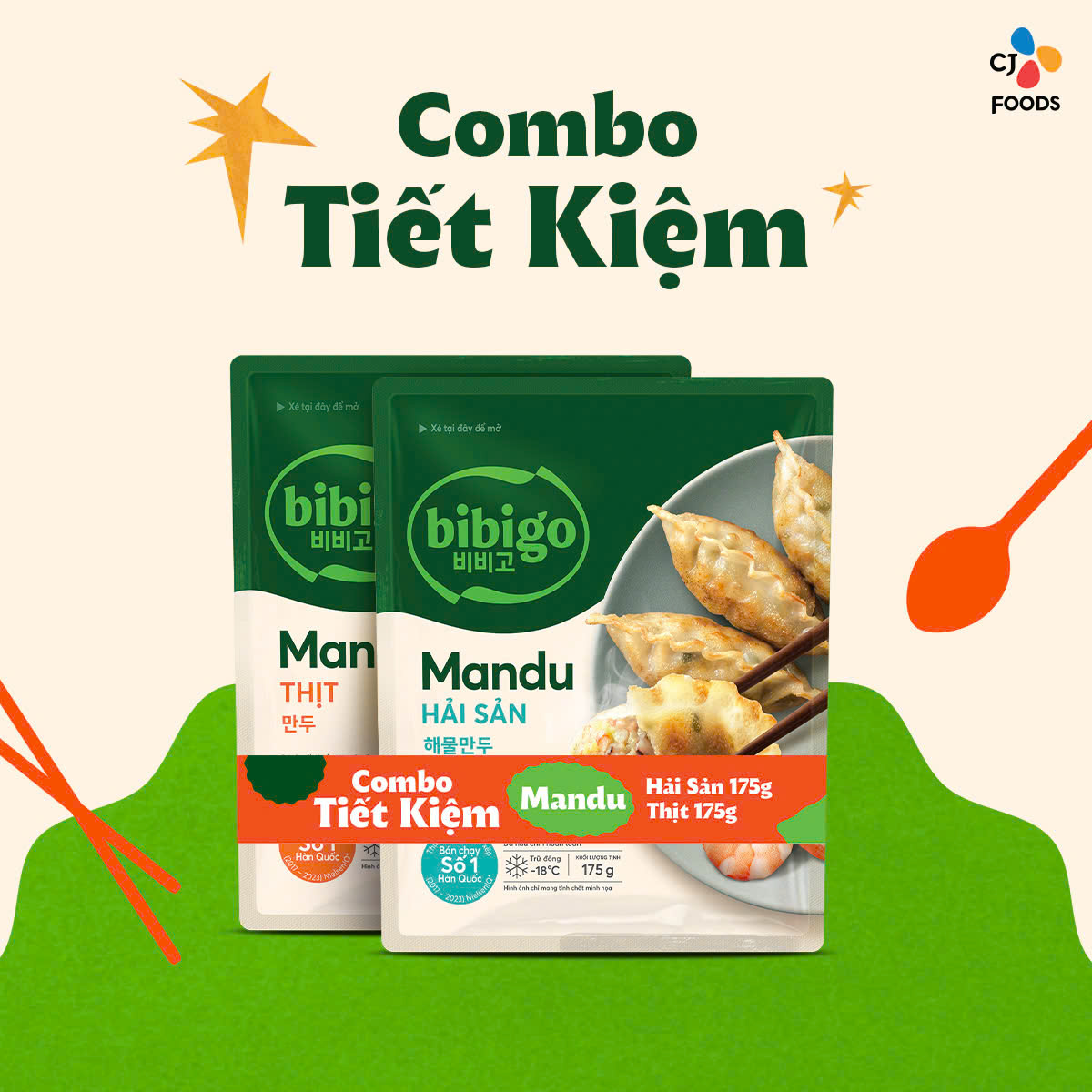 [HCM-HN] Combo tiết kiệm 2 gói Bánh xếp Mandu Bibigo nhân Thịt & nhân Hải sản (175g x 2 gói)