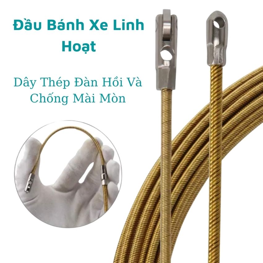 Dây mồi luồn dây điện đầu có bánh xe dây mồi luồn dây điện thép kim loại-Tặng kèm 2 dây thít dây điện