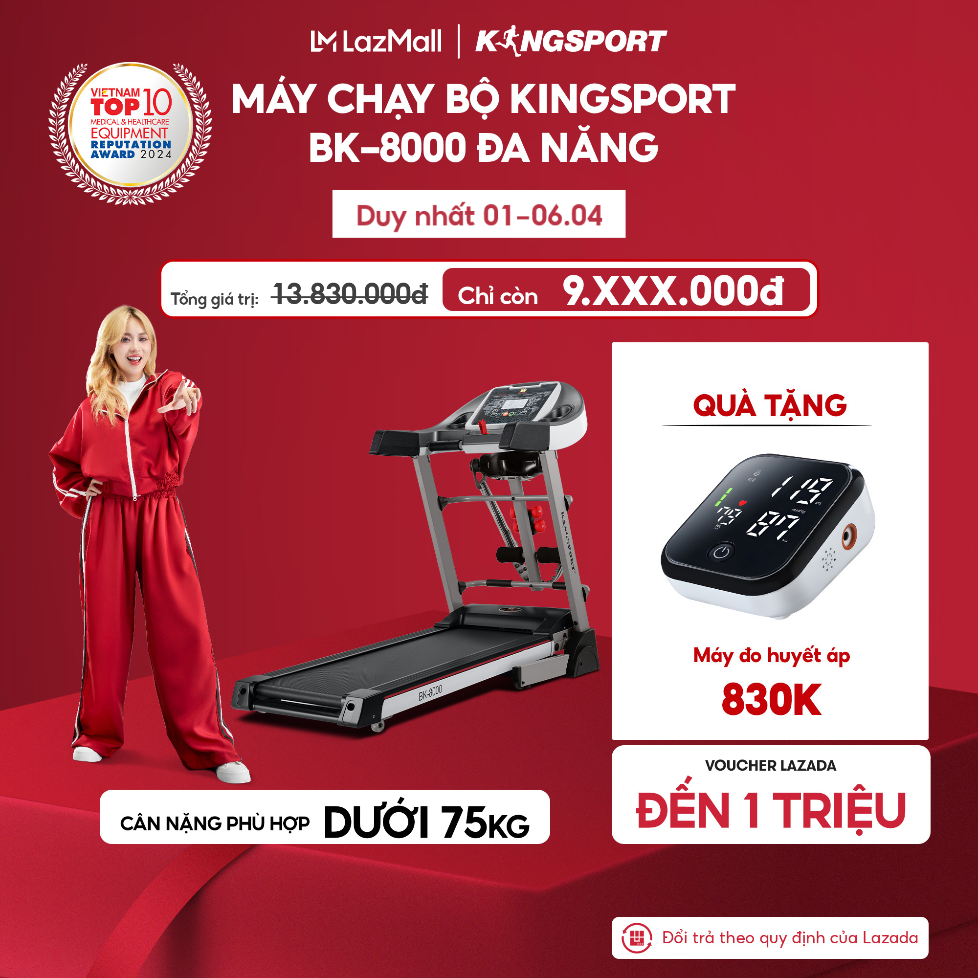CHỈ GIAO MIỀN NAM I Máy chạy bộ KINGSPORT BK-8000 đa năng, thảm chạy rộng chống trơn, kèm đai massage và thanh gập bụng
