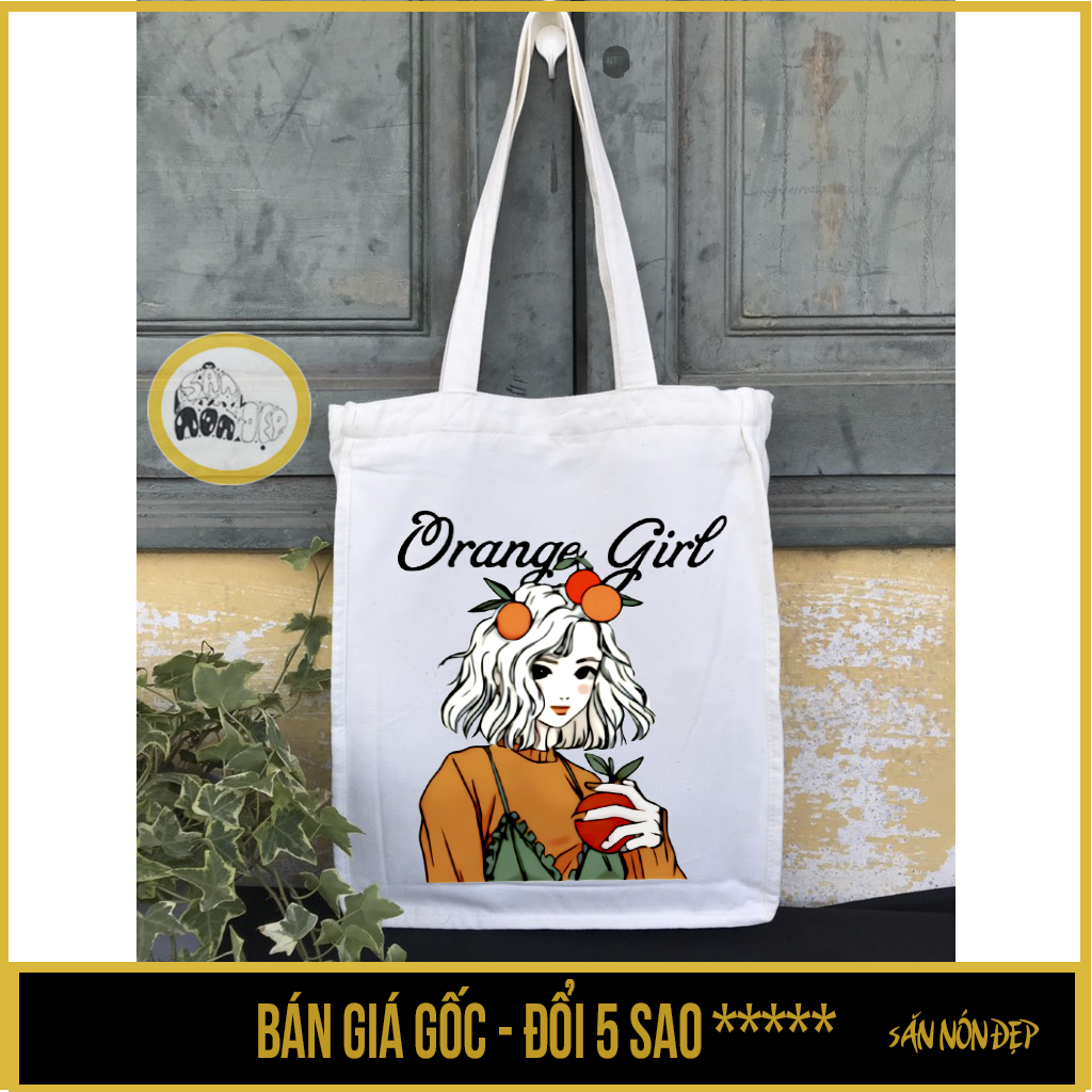Túi tote vải canvas, có khóa kéo in hình cô gái và trái cam orange girl   VUÔNg 31x34- săn nón đẹp