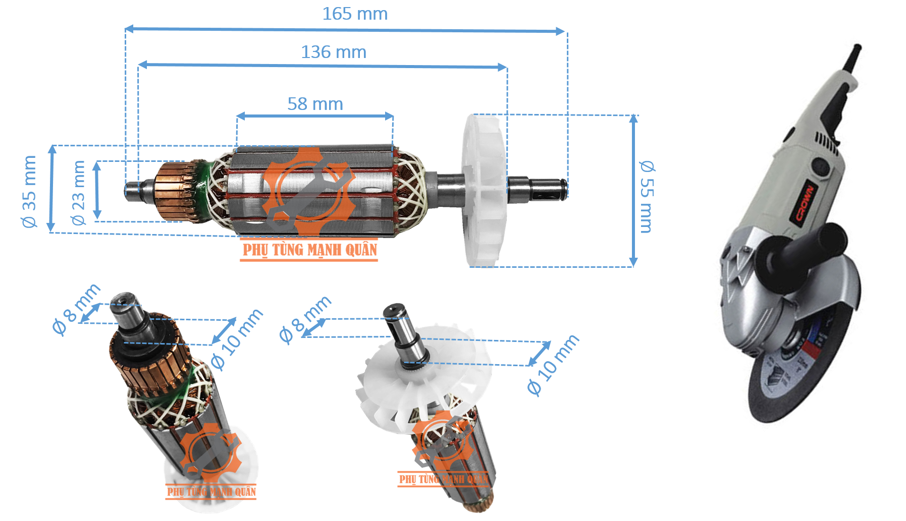 Rotor/ruột máy mài Crown 3002 tặng kèm chổi than cao cấp