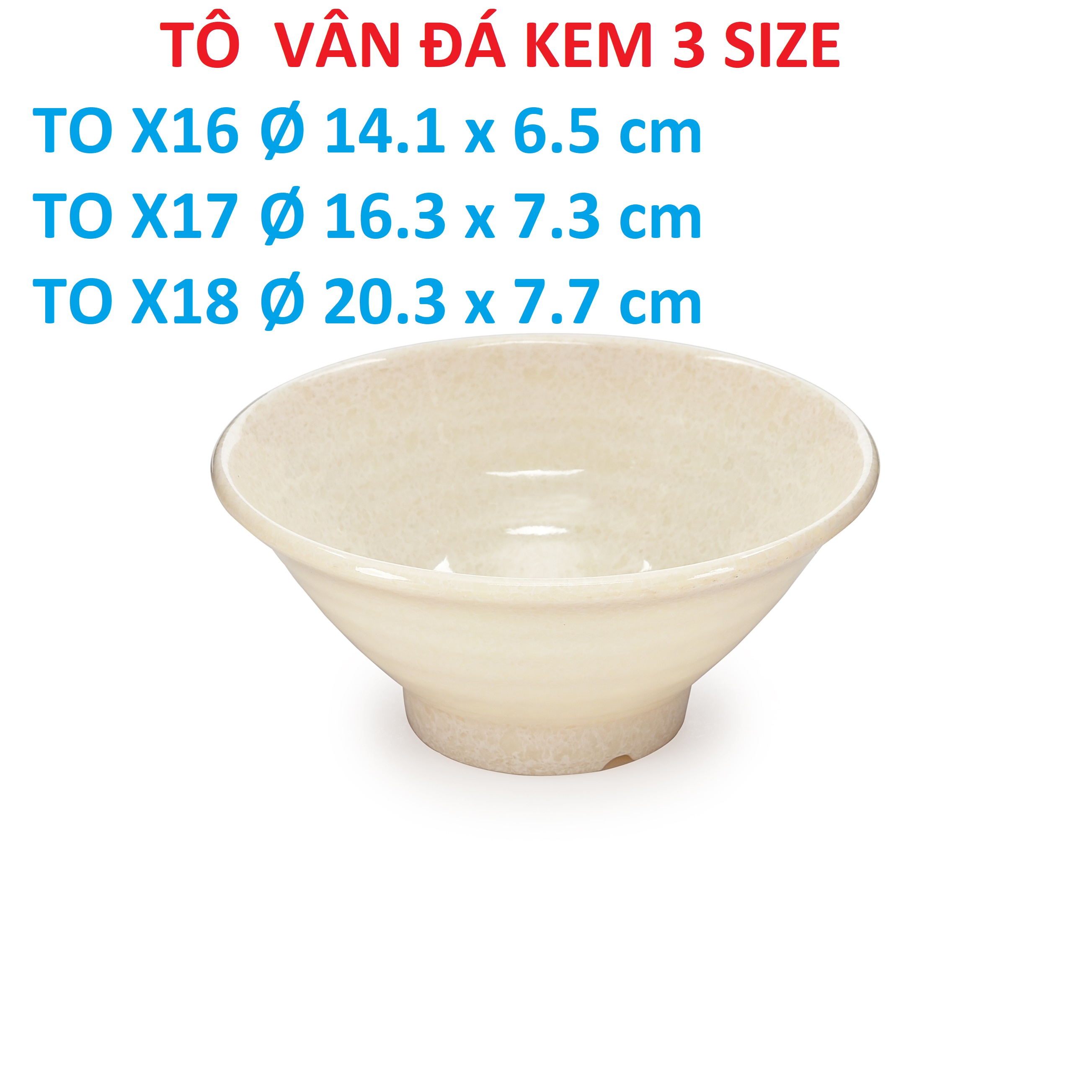 Tô nhựa melamine vân đá kem đựng cơm bún phở, tô xoắn miện loe - Tox16/17/18 cm
