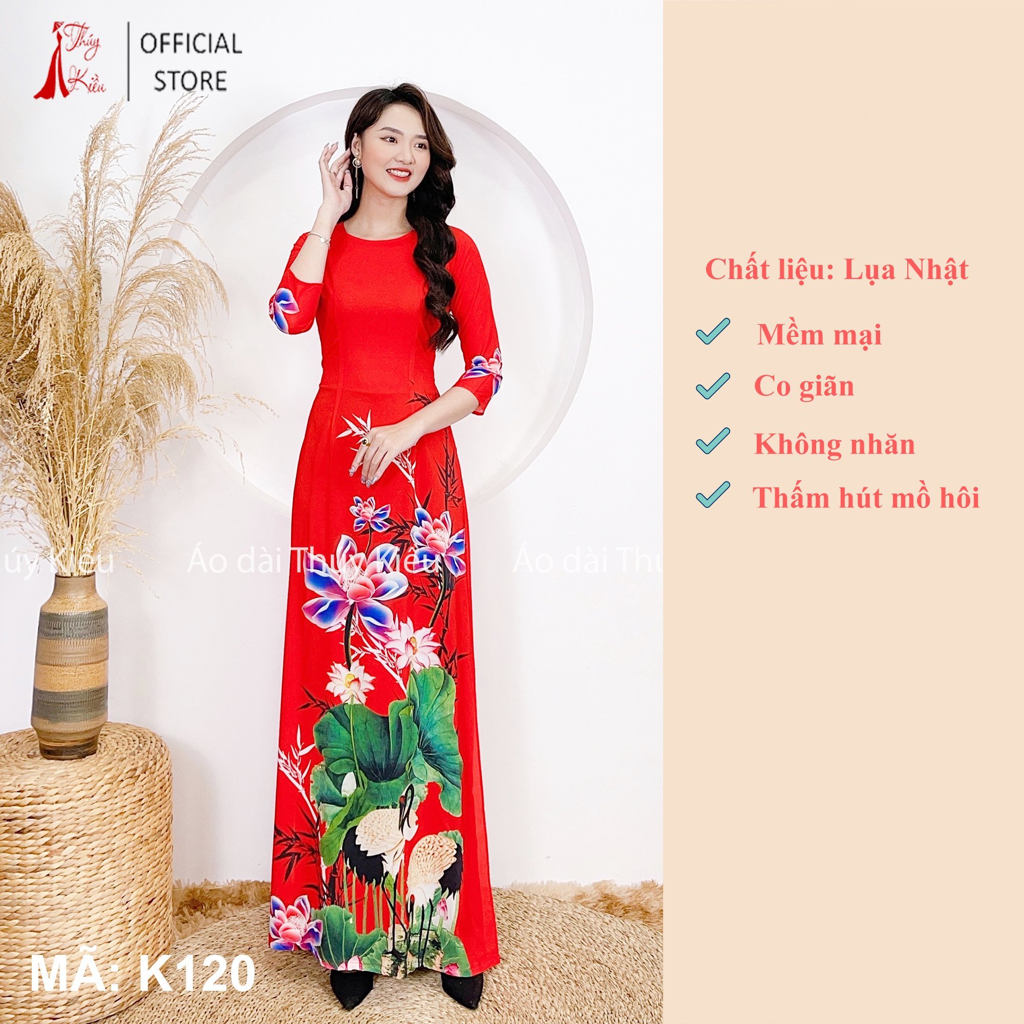 Áo dài nữ may sẵn thiết kế đẹp cách tân tết nền đỏ sen hạc cành trúc K120 Thúy Kiều mềm mại, co giãn, áo dài giá rẻ