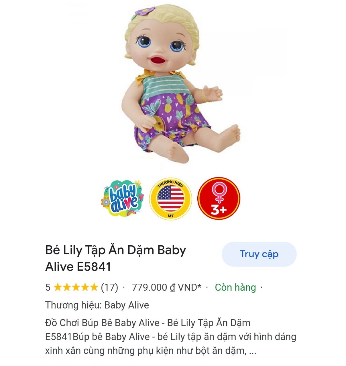 Búp Bê Mỹ Hasbro Bé Lily Tập Ăn Dặm E5841 Đồ Chơi Búp Bê Baby Alive Hàng