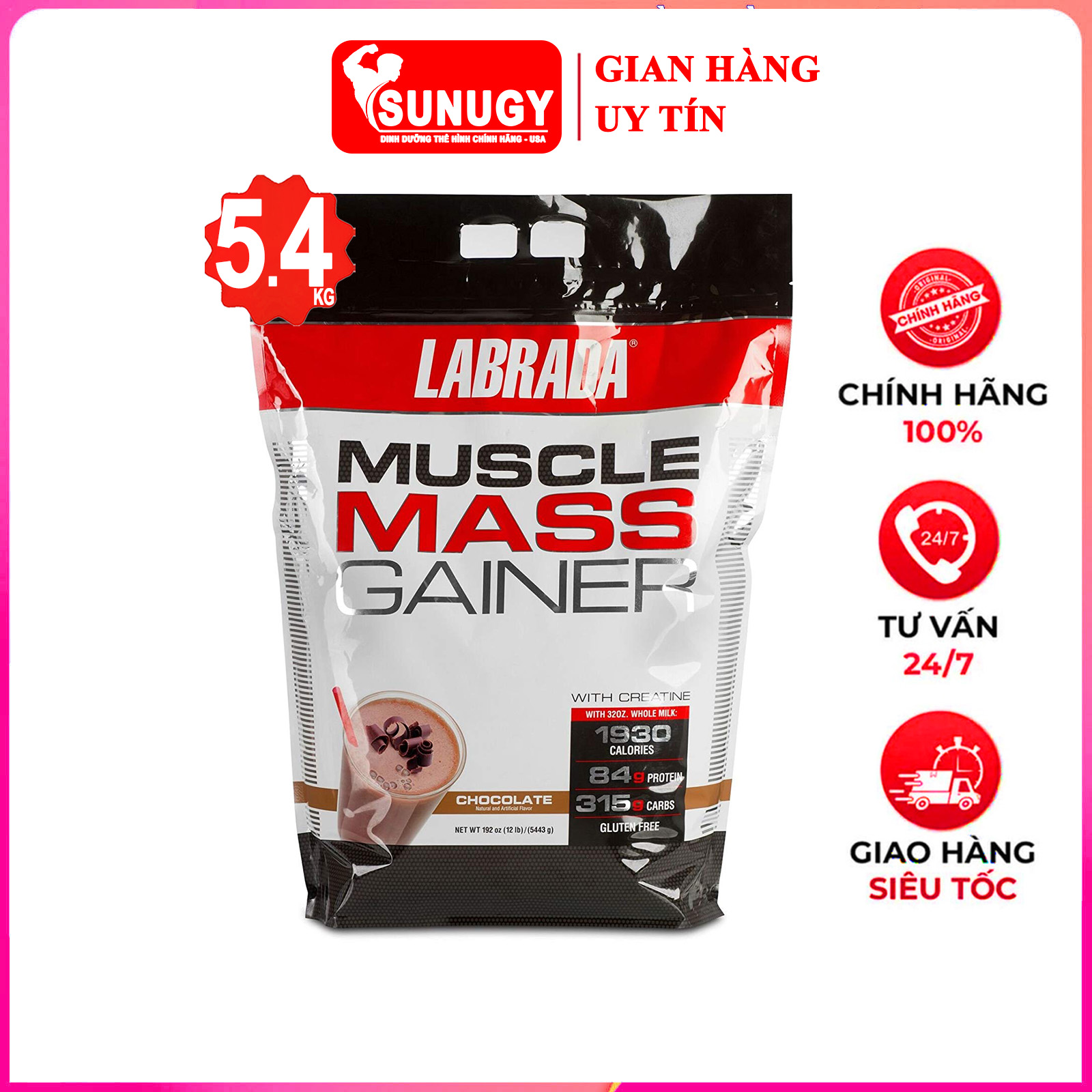 Sữa tăng cân tăng cơ Muscle Mass Gainer của Labrada  hỗ trợ tăng cân tăng cơ nạc nhanh cho người gầy kén ăn hấp thụ thức ăn tự nhiên kém