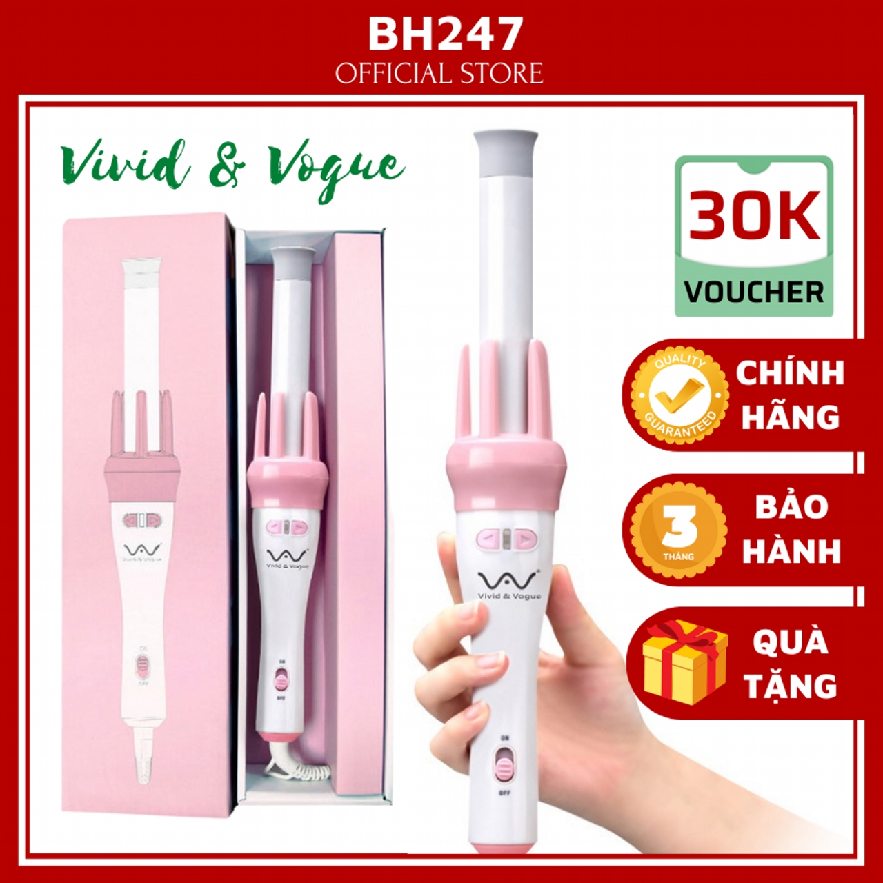 [FREESHIP+QUÀ TẶNG] Máy uốn tóc xoăn gợn sóng tự động mini 360 vivid & vogue chính hãng BH247, máy làm xoăn tóc mini, máy tạo kiểu tóc bấm xoăn tóc gợn sóng Hàn Quốc