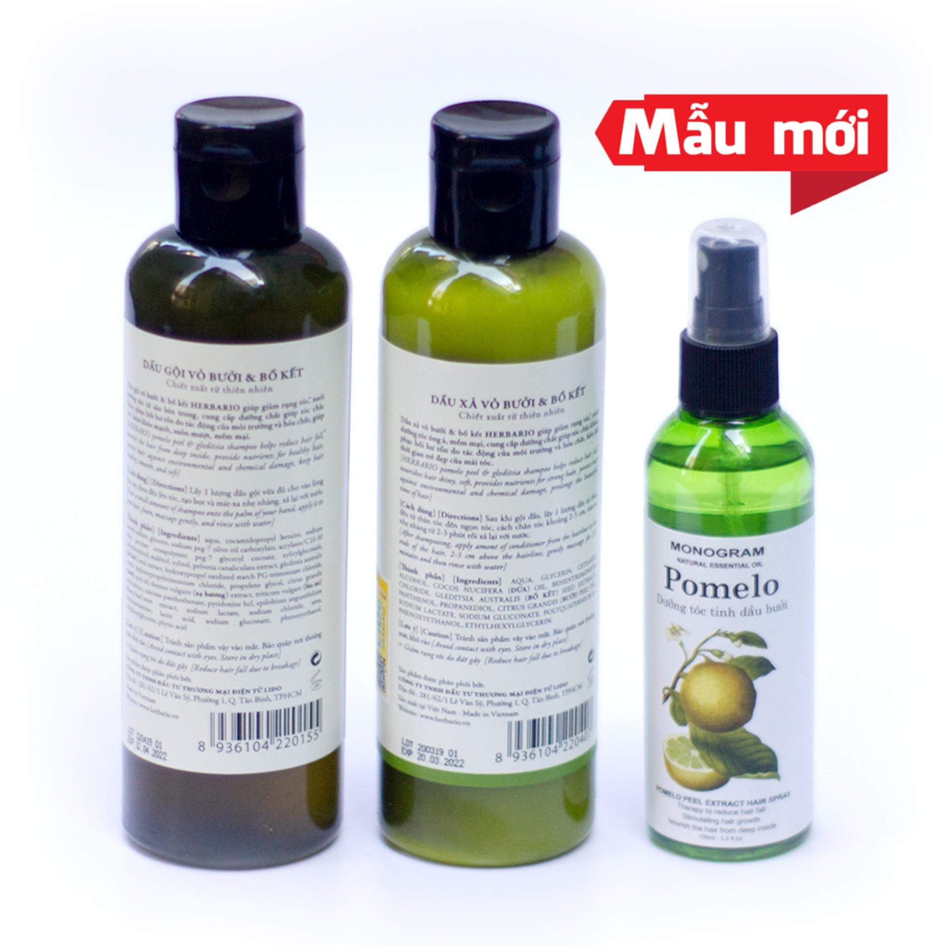 Liệu trình kích thích mọc tóc, phục hồi tóc hư tổn gồm 1 dầu gội Herbario, 1 dầu xả Herbario và 1 chai xịt bưởi Pomelo