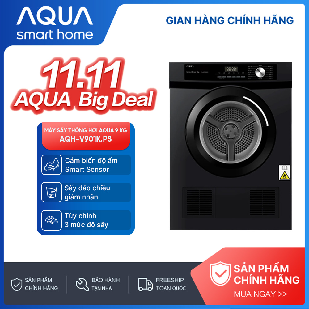 Máy sấy thông hơi Aqua 9 kg AQH-V901K PS - Freeship toàn quốc - Hỗ trợ lắp đặt