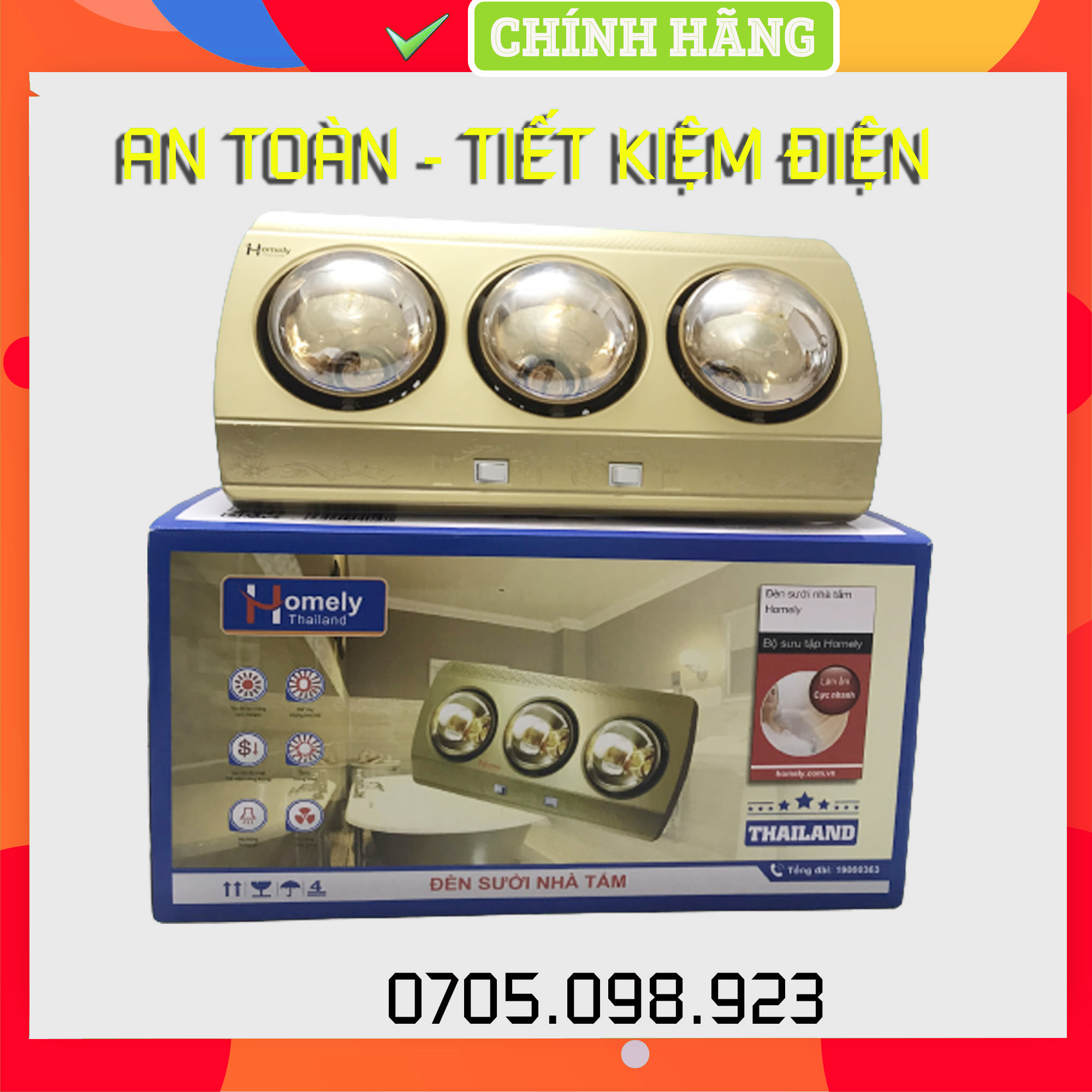 Đèn sưởi nhà tắm, đèn sưởi Homely 3 bóng, Đèn Sưởi Nhà Tắm Công Nghệ Đức, Chống Chói, Chống Bỏng