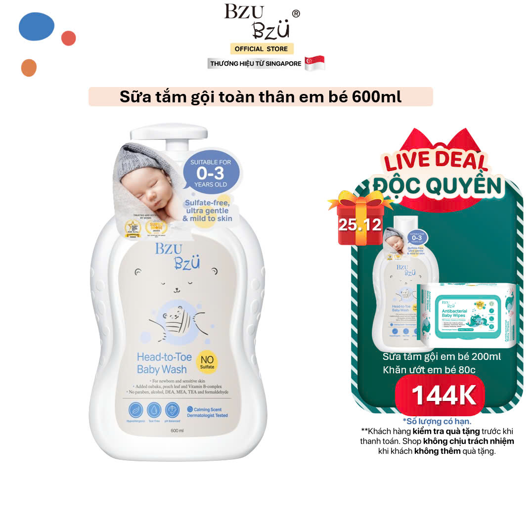 Sữa Tắm Gội Toàn Thân Em Bé BZU BZU Head to Toe Wash Dịu Nhẹ Mềm Mại Cho Da Dung Tích 600ml