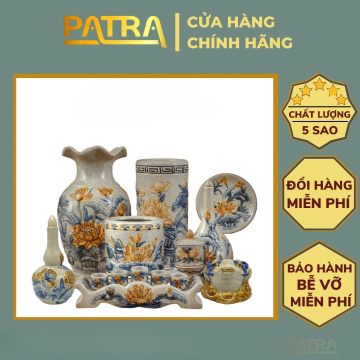 Bộ đồ thờ men rạn đắp nổi hoa sen gốm sứ Bát Tràng chính hãng