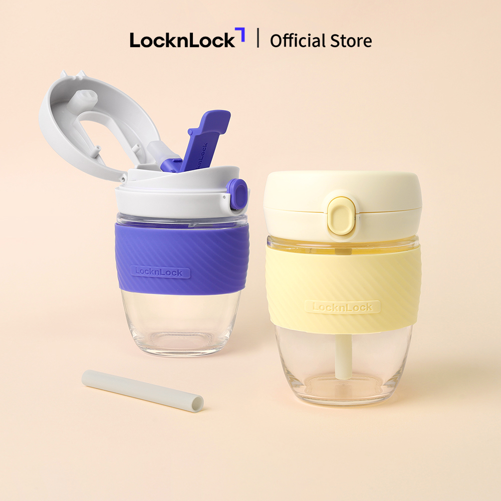 Cốc thủy tinh kèm ống hút LocknLock One Touch Dual Cup 400ml bằng thủy tinh chịu nhiệt LLG968