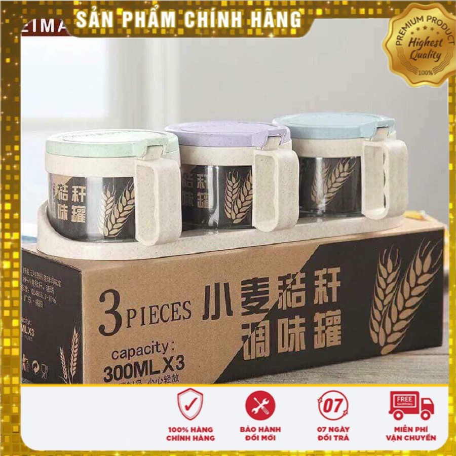 Hàng Loại 1 - Bộ 3 hũ gia vị thủy tinh chất liệu nhựa lúa mạch Set 3 lọ thủy tinh đựng gia vị tiện dụng