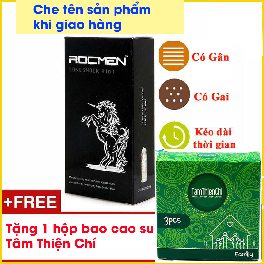 Bao Cao Su Gai Gân Kéo Dài Thời Rocmen Đen Hộp 10c +Tặng Hộp Bao cao su siêu mỏng tâm thiện chí Family 3 bao