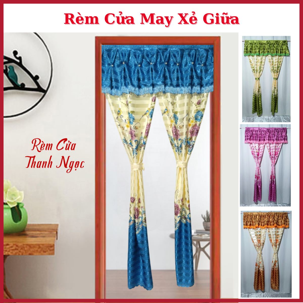 Rèm cửa thanh ngọc vải phi bóng xẻ giữa may dập biên shop có nhận may theo yêu cầu