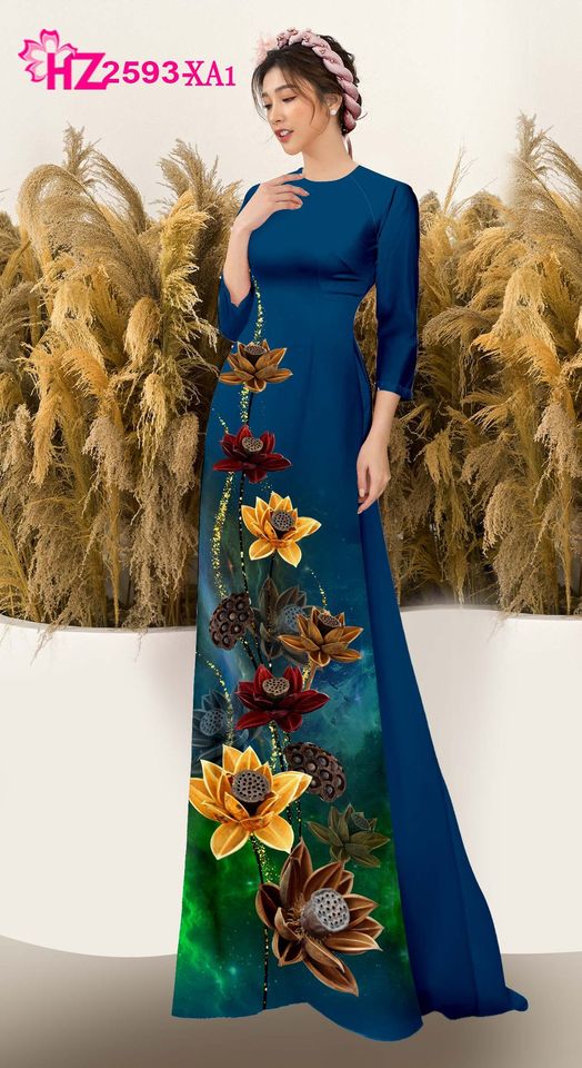 Vải áo dài phong cách hoạ tiết hoa sen sắc màu (lụa Đông Hưng nâu)