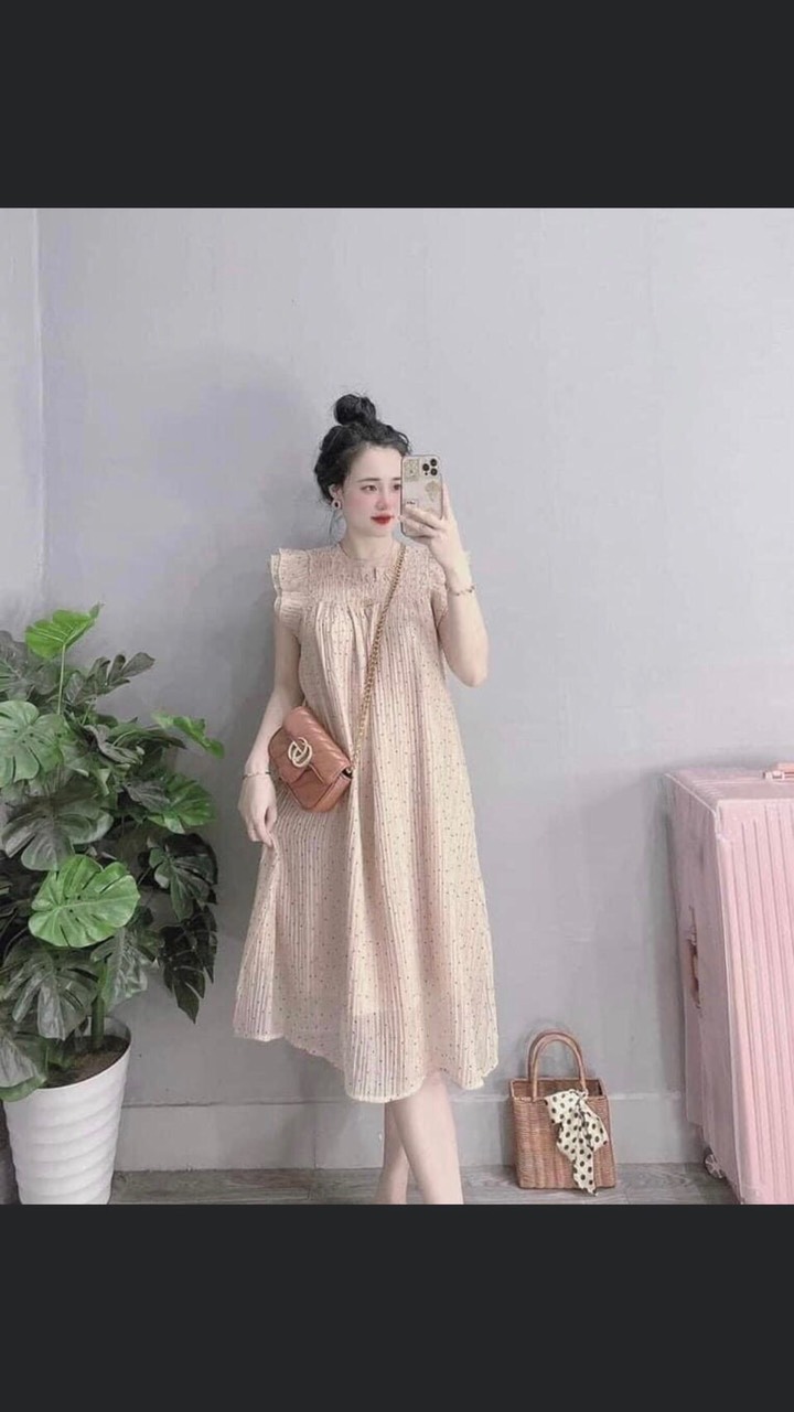 Đầm bầu chấm bi chất đũi xốp dáng xòe cánh tiên