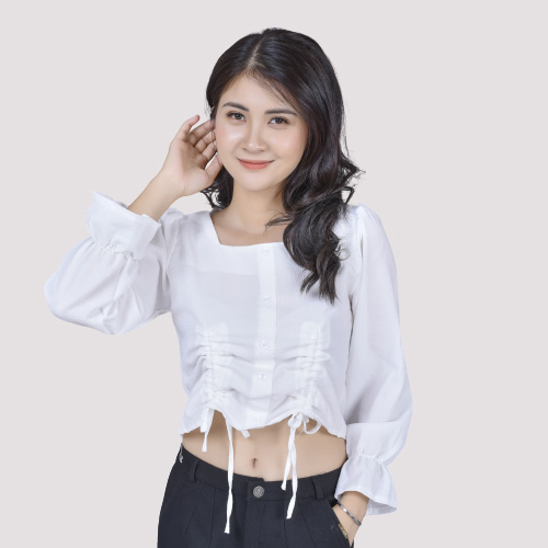 [HCM]Áo kiểu tay dài dây rút hai bên cổ cuông thời trang xuân hè sản phẩm mới Av0139