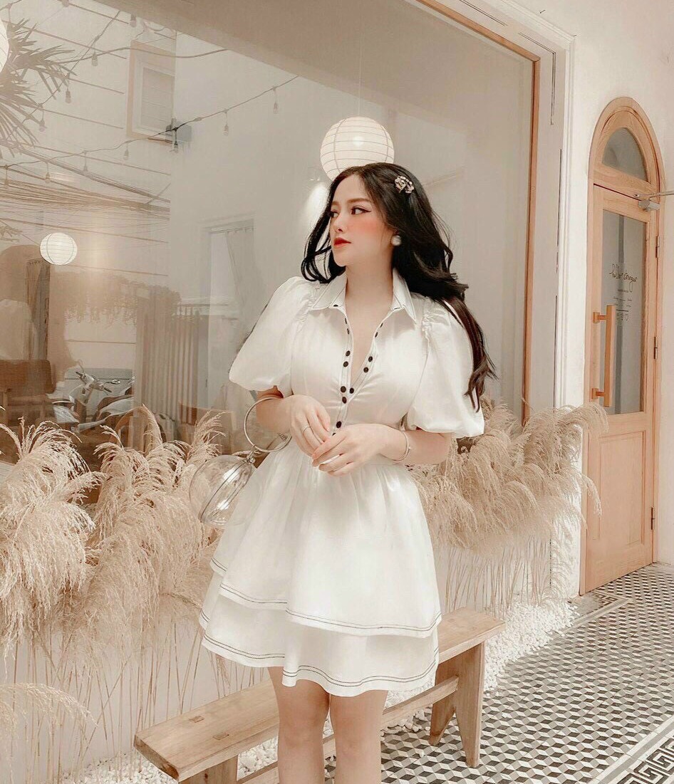 Đầm Nữ Thanh Lịch Họa Tiết 2 Tầng Sang Trọng Phối Màu Trắng, Đen Trẻ Trung Dạo Phố