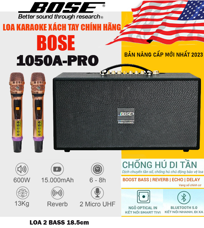 Loa Xách Tay Karaoke Di Động BOSE 1050A PRO Hàng Mỹ Siêu Ngon Kèm 2 Micro Siêu Ngon Công Suất Cực Đại 600WLoa Thiết Kế 2 Bass 185cm 1Trung 1Treble Sử Dụng Bộ Xử Lý Vang Số DSP Echo Delay Rever Âm Thanh Sáng Bass Cực Mạnh