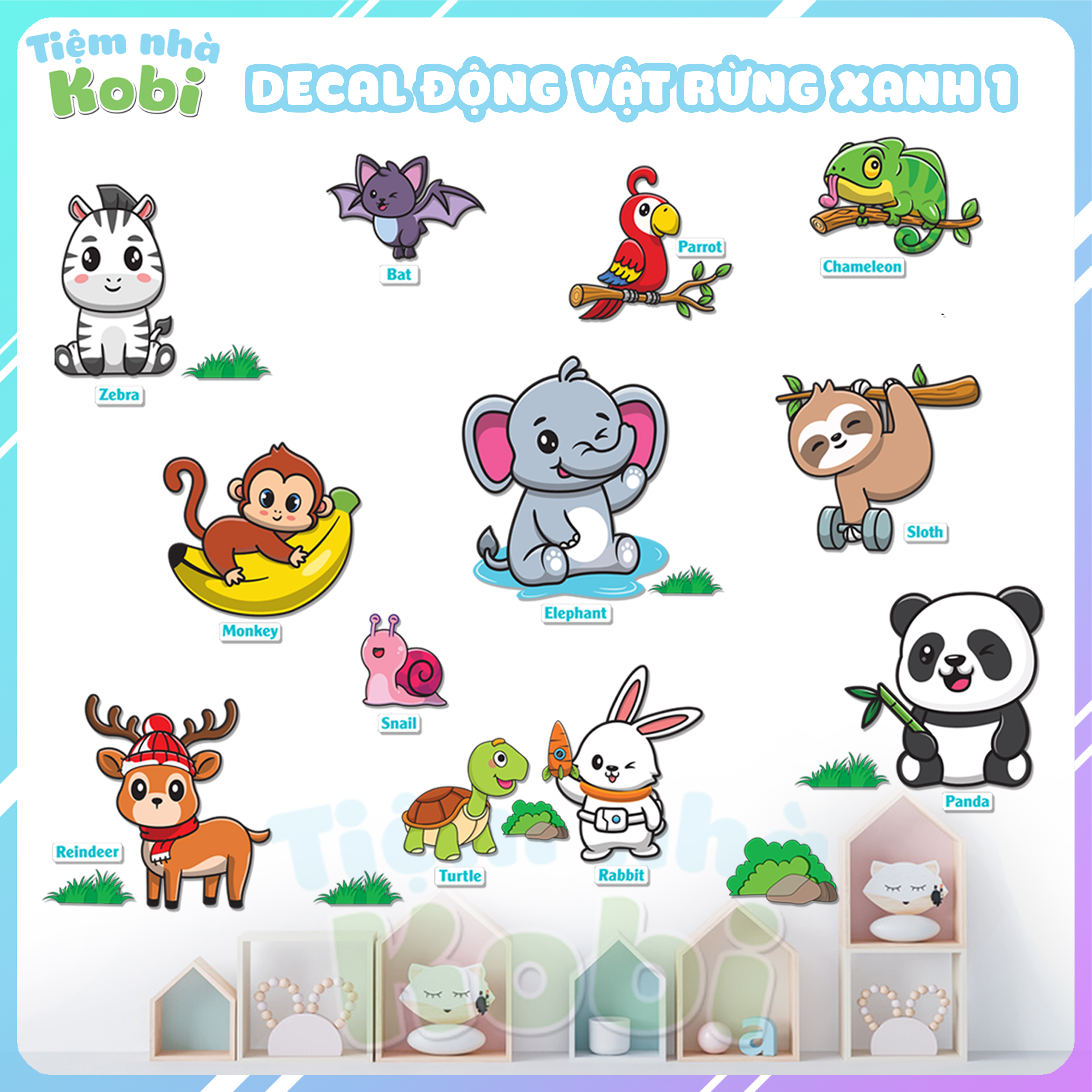 Decal dán tường cho bé - Decal động vật rừng xanh Kobi