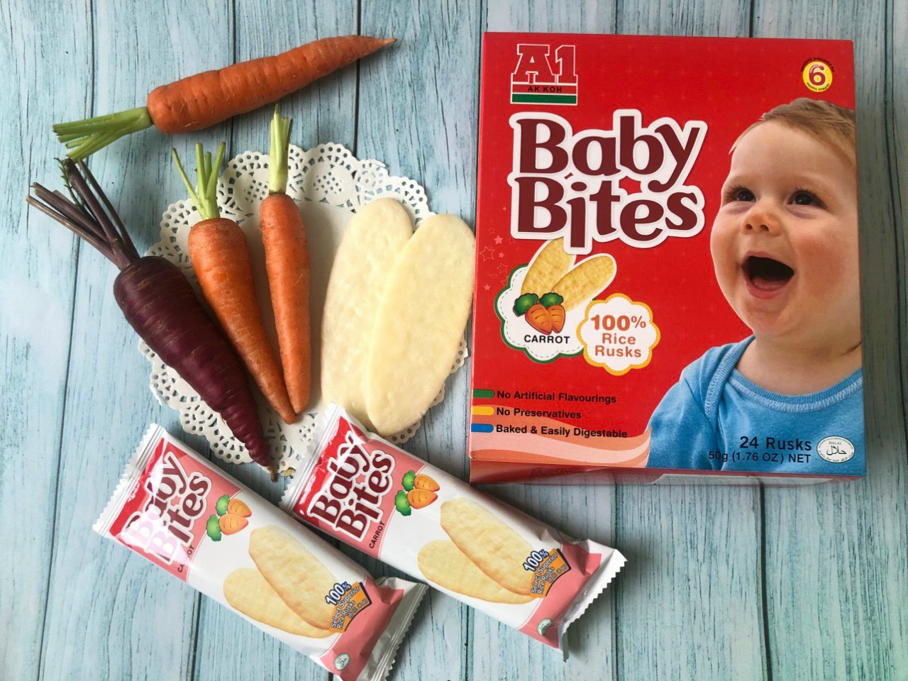 Bánh Gạo Ăn DặmVị Cà Rốt Baby Bites Hiệu A1 (hộp 50g) BéTừ 6 tháng