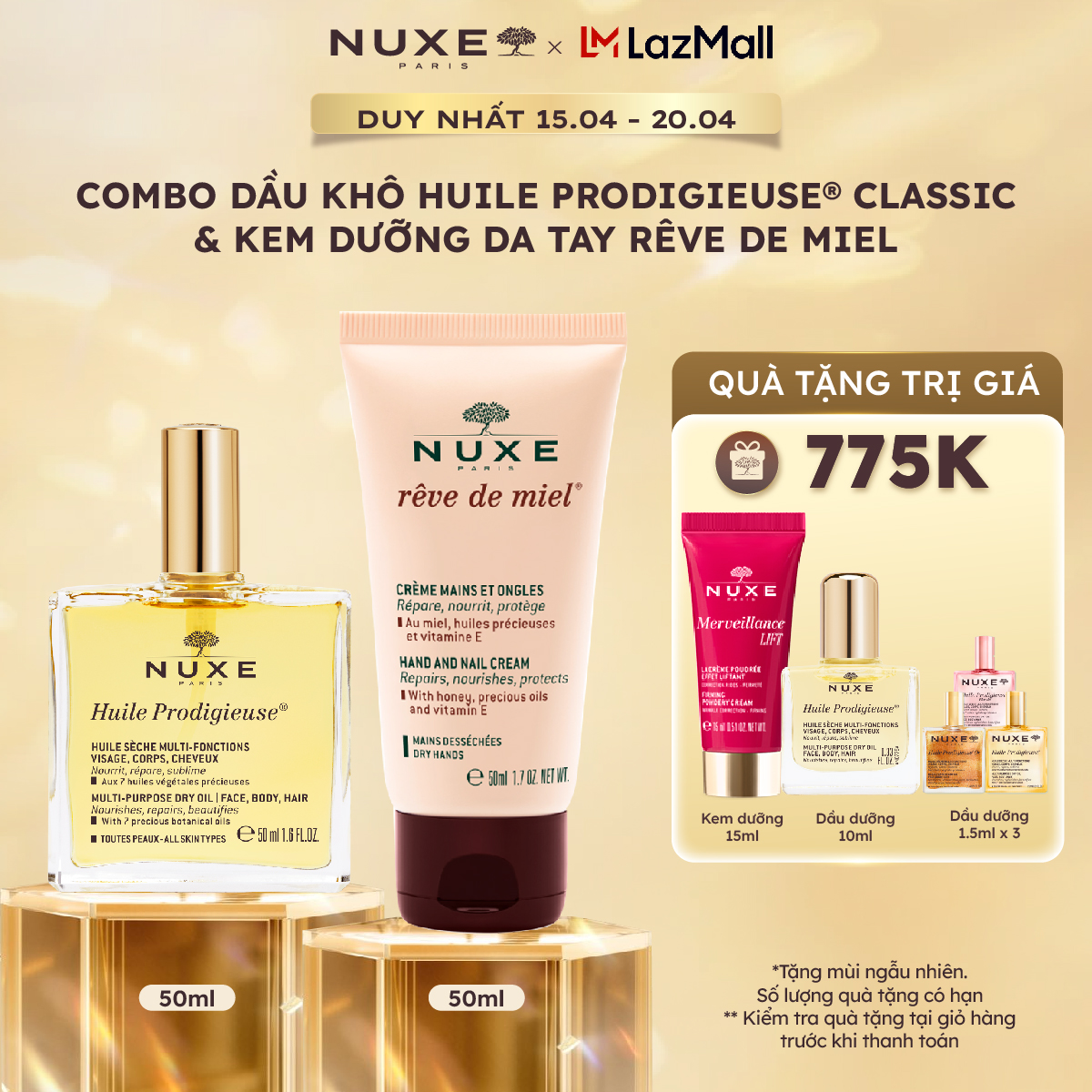 Combo Dầu khô đa năng Nuxe Huile Prodigieuse 50ml  Kem dưỡng da tay và móng Nuxe Reve De Miel 50ml