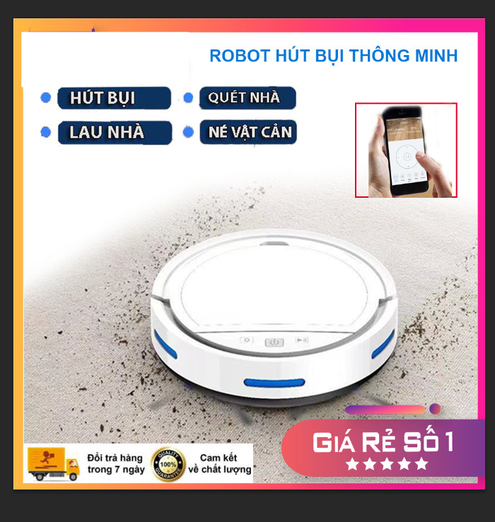 Robot Hút Bụi Thông Minh, Robot Hút Bụi Tự Sạc, Robot Lau Nha. Điều khiển qua APP điện thoại. Tự Sạc Pin. Lực hút mạnh mẽ, mắt thần chống rơi, khả năng leo bậc thềm, hoạt động theo lập trình sẵn.