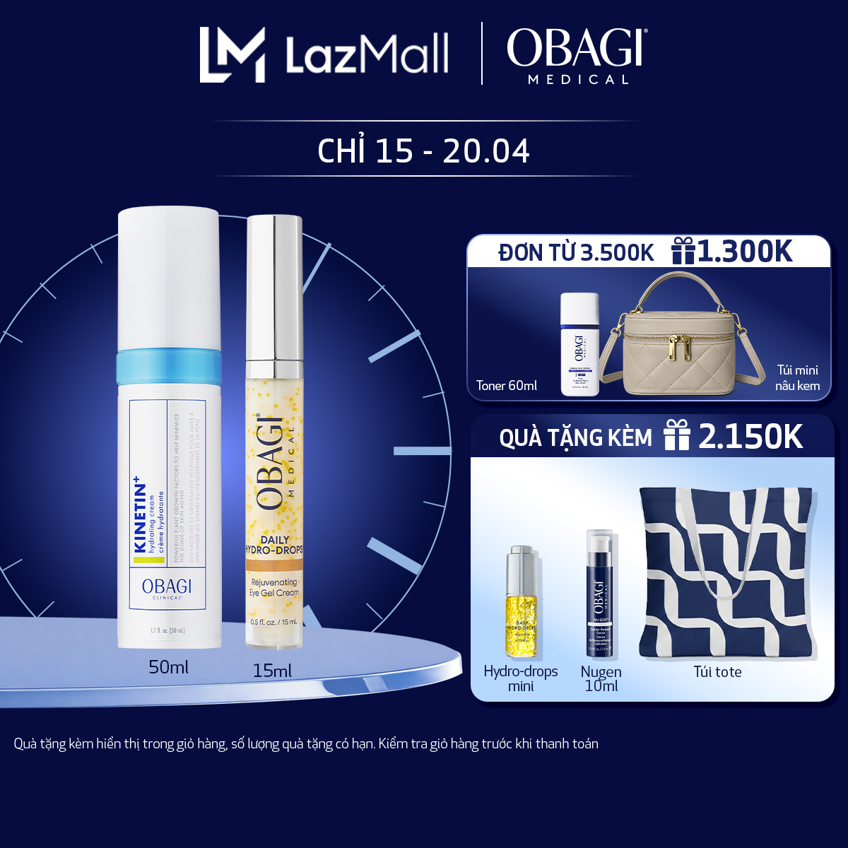 Bộ đôi Kem Dưỡng Phục Hồi Làm Dịu Da Obagi Clinical Kinetin+ Hydrating 50ml và Kem dưỡng mờ nếp nhăn vùng mắt Obagi Medical Daily Hydro-Drops Rejuvenating Eye Gel Cream 15ml