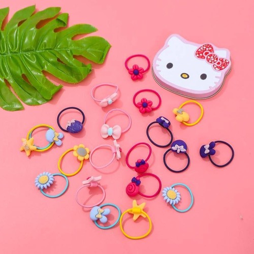 Hộp 40 dây cột tóc cho bé hình mèo - Set 40 dây, Hộp thiếc mèo kitty 40 dây cột tóc đáng yêu cho bé gái, Bộ 40 dây cột tóc dễ thương đựng trong hộp thiếc mèo kitty