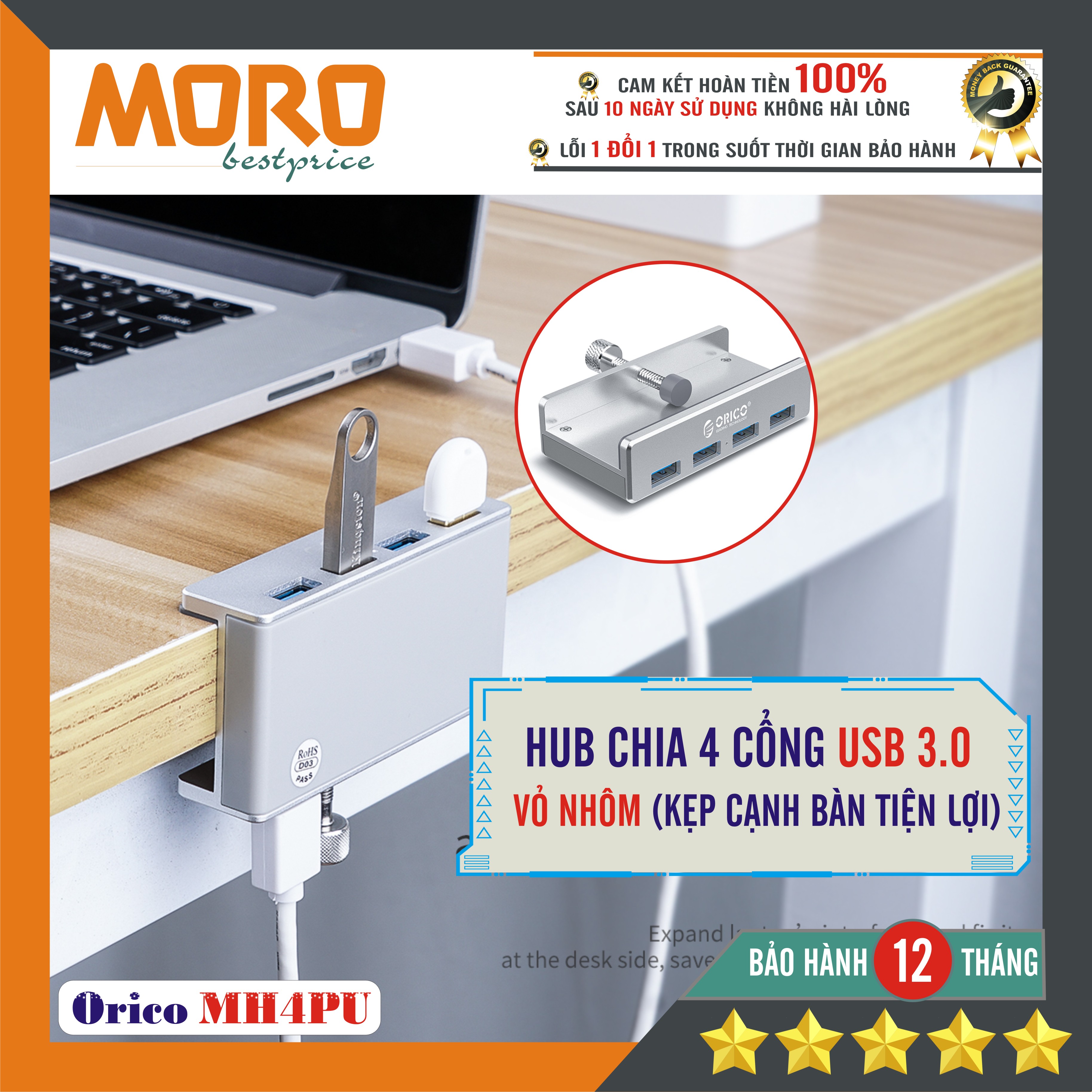 Bộ hub chia 4 cổng USB 3.0 - ORICO MH4PU  (Nhôm) - Kẹp cạnh bàn tiện lợi !
